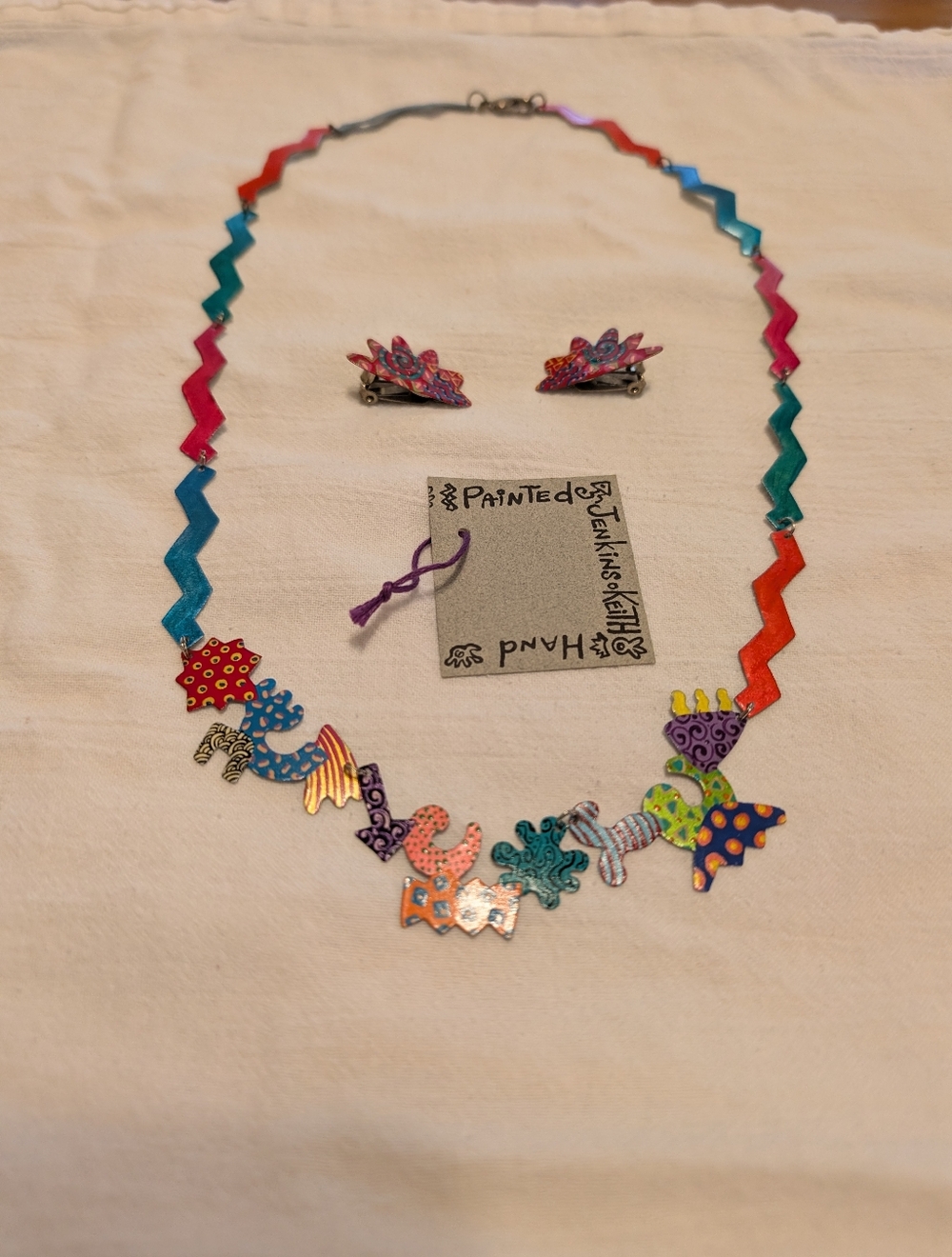 Colorful, Whimsical Hand Painted Necklace And Earrings